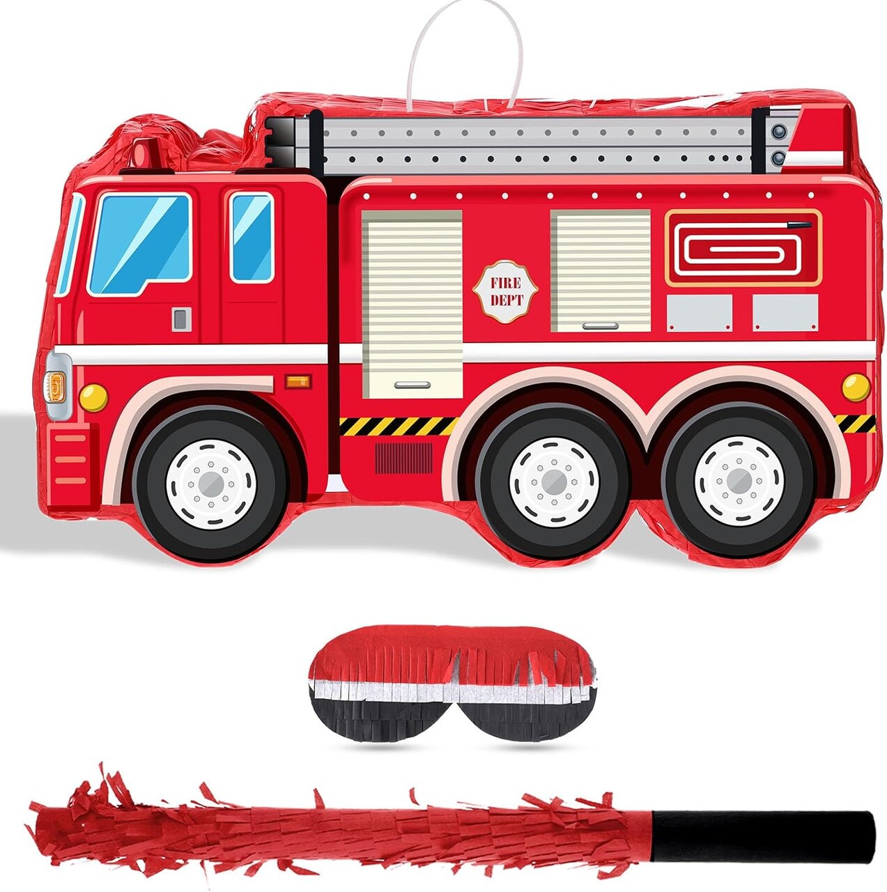Fire Truck Piñata with Hanging Loop Blindfold Bat and Confetti Filler for Kids Boys Firefighter Firetruck Theme Birthday Party Decorations Supplies